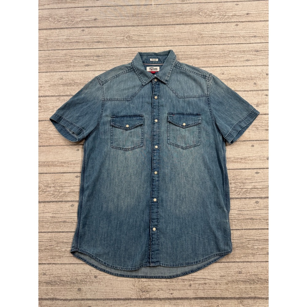 Tommy Hilfiger Denim Shirt Men's M Blue Pearl Snap Slim Fit Short Sleeve Western